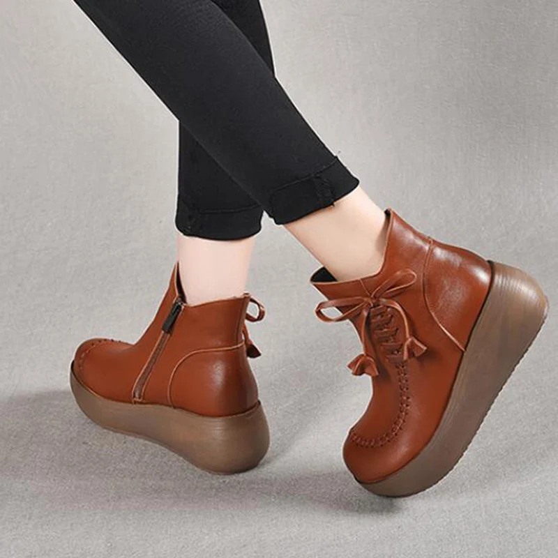 GKTINOO Ankle Women Boots Genuine Leather Round Toe Women Shoes Zip 2024 New Wedges Handmade Leisure Platform Boots Size 33-40