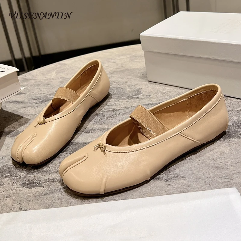 

Genuine Leather Split Toe Elastic Band Ballet Shoes for Women Solid Color Simple Style Slip on Flats Casuals Mules Shoes Females