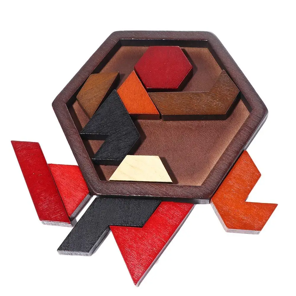 Geometric Shape Tangram Board Wood Puzzle Game for Adults Hexagonal IQ Brain Teaser Puzzles Board Educational Toys