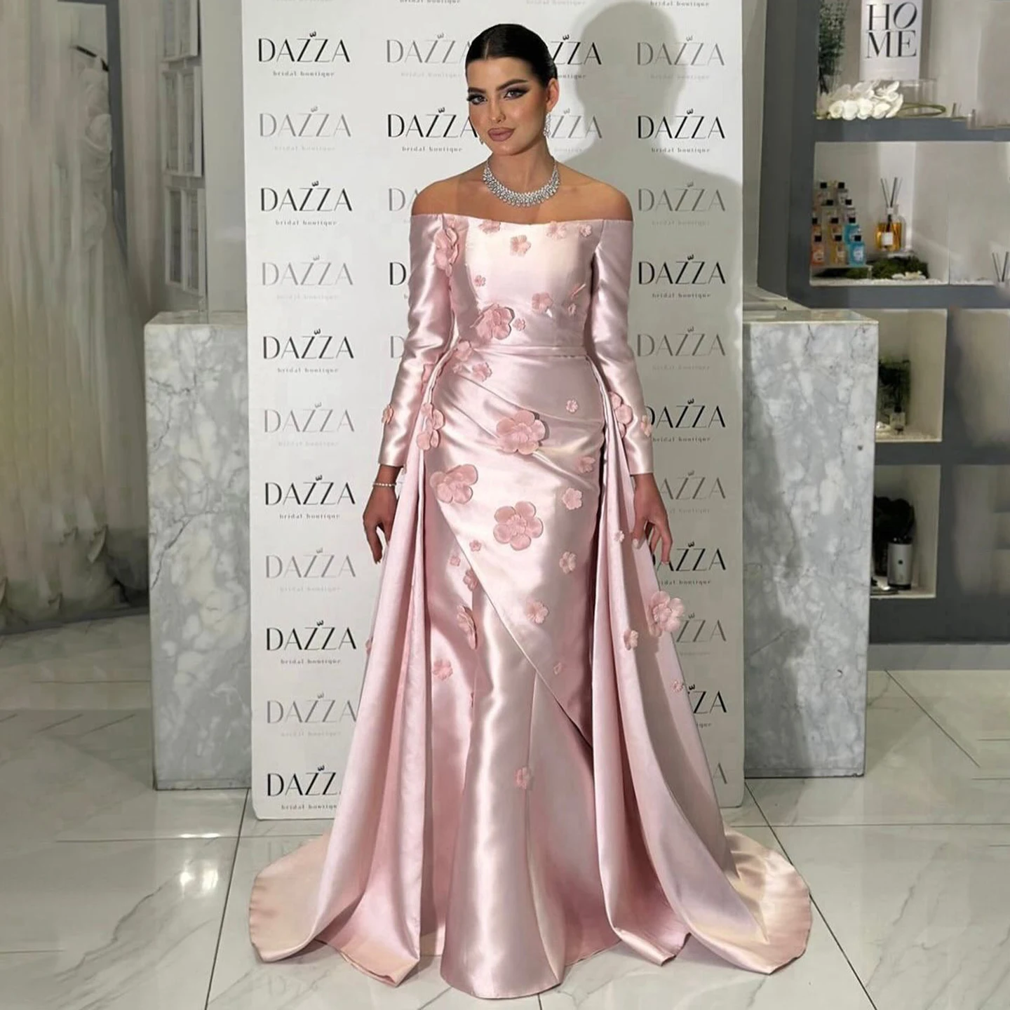 

Sharon Said Elegant Lilac Long Sleeves Evening Dress Off Shoulder 3D Flowers Overskirt for Women Wedding Party SS266 Customized