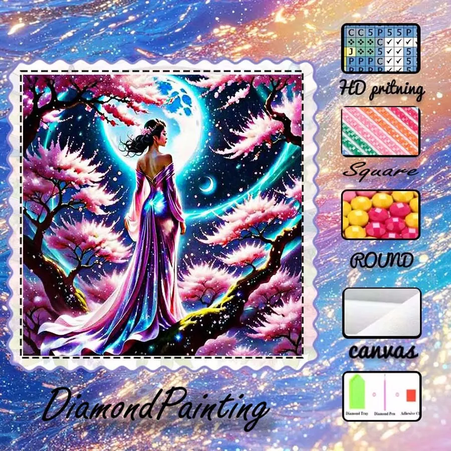 1 piece 5D DIY flocking cloth, special drill, diamond painting kit, woman, moon, pattern mosaic, diamond art