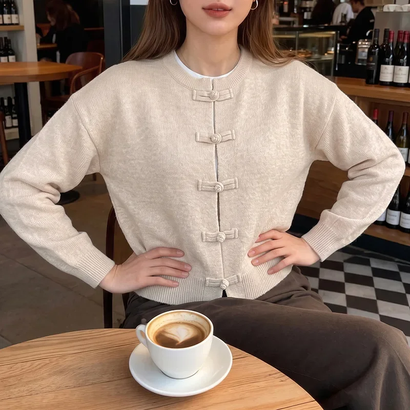 Women's Cropped Cardigan Sweater Crew Neck Long Sleeve Frog Button Front Knit Crop Top Solid Color Fall Casual Outwear