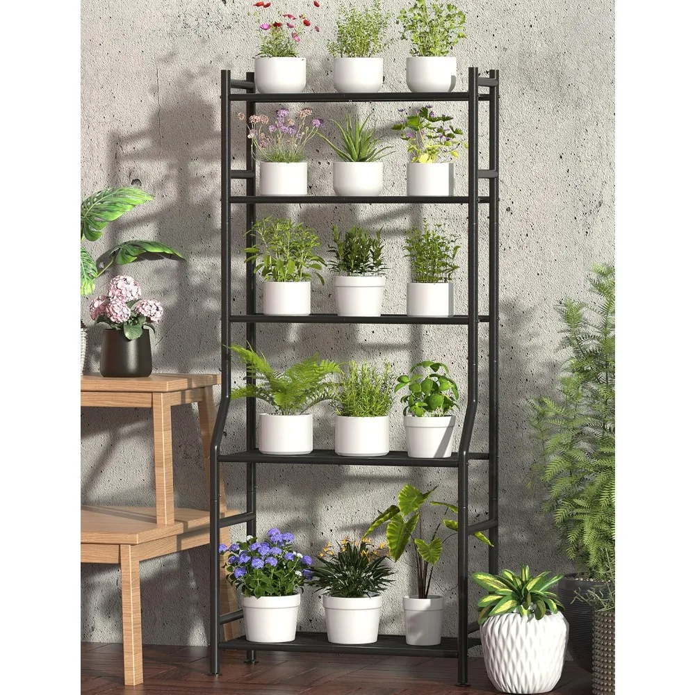 Indoor Metal Plant Rack, High Plant Rack, Large Waterproof Plant Rack, Can Hold Multiple Flower Pots, Black, 5-Layer