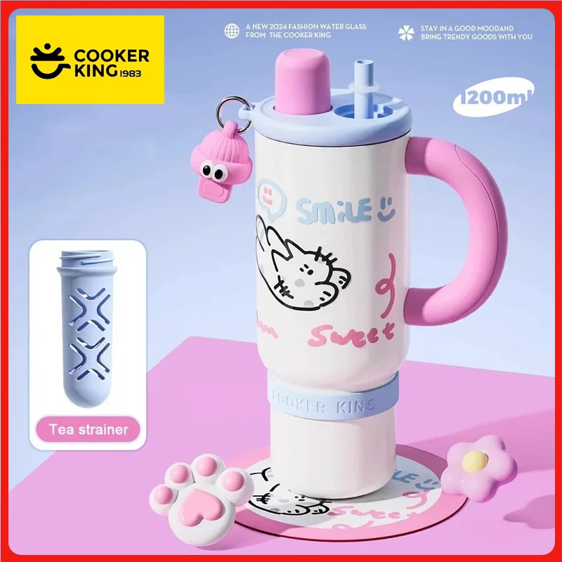 

COOKER KING 1200ML Thermos Bottle Stainless Steel Insulated Tumbler Large Capacity Ice Cup with Straw Outdoor Thermos Cup Gifts