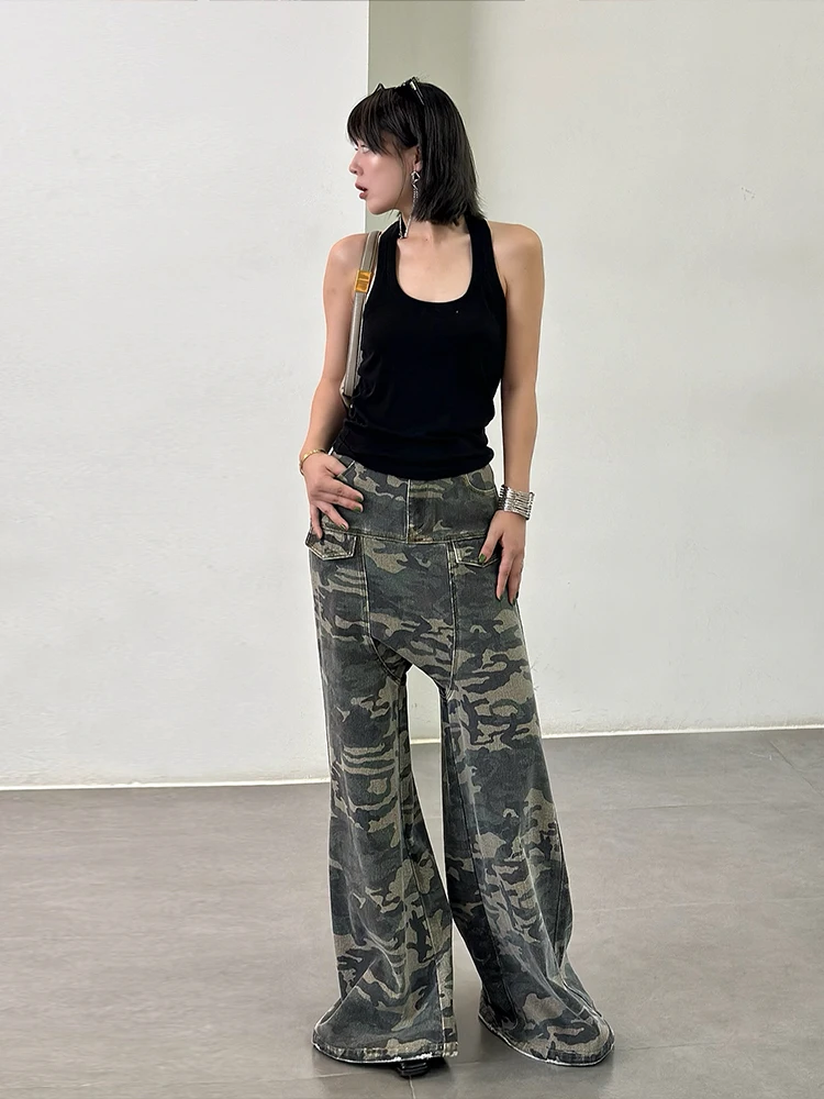 

Джинсы LEDIM WANG из чистого хлопка, камуфляжные, широкие, свободные, женские, новинка 2024, расклешенные брюки свободного кроя, низкая талия, застежка-молния