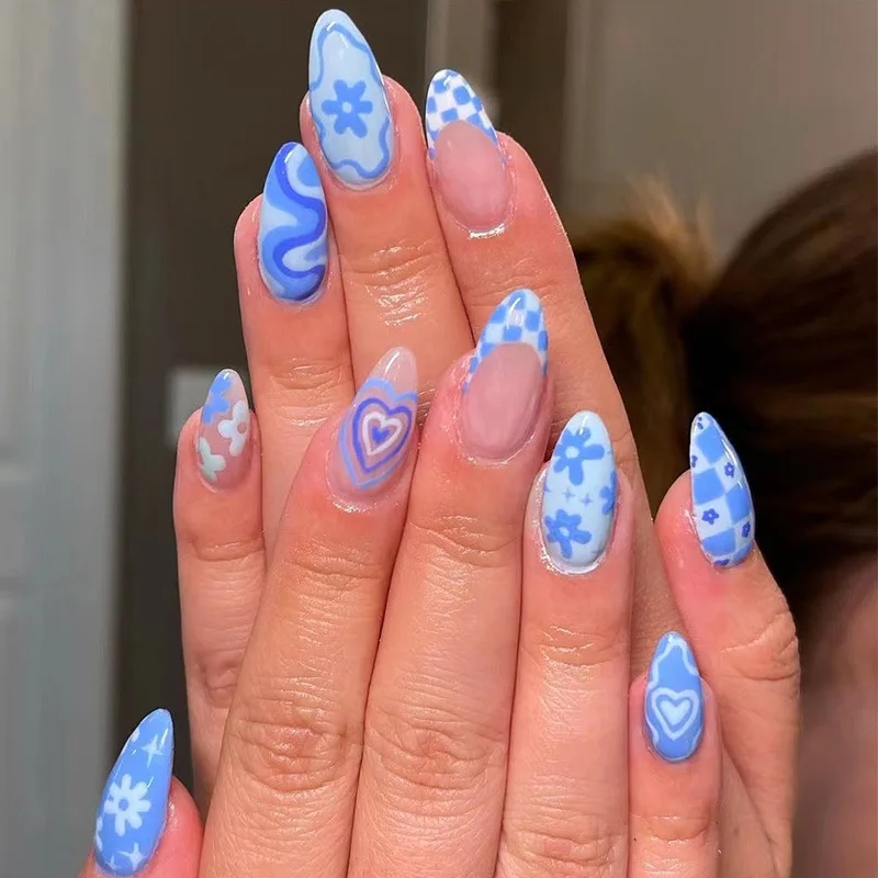 24 Pcs/box Blue Irregular Almond shaped Blue Nails Summer Nails Checkerboard Love Flowers Reusable False Nail Stickers