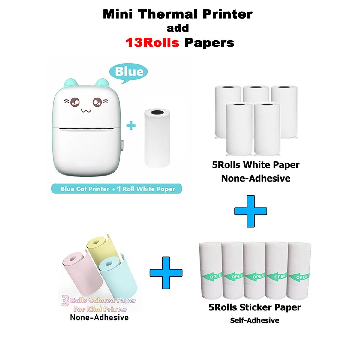 Portable Mini Thermal Printer with 13 Rolls  Papers Wireless BT 200dpi Photo Label No Ink Print Memo Wrong Question Printing