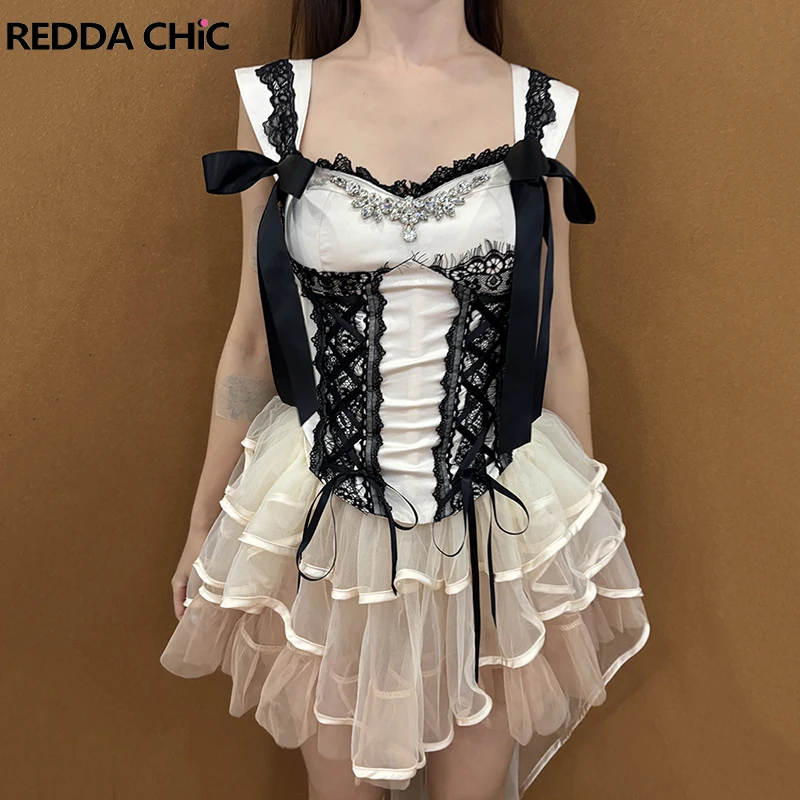 

Комплект REDDACHiC: топ-бюстье с бантом и юбка Hi-Lo, кружевной корсет в стиле Лолита со стразами, мини-юбка с оборками и многоярусными оборками, женская одежда в стиле Cutecore Princess