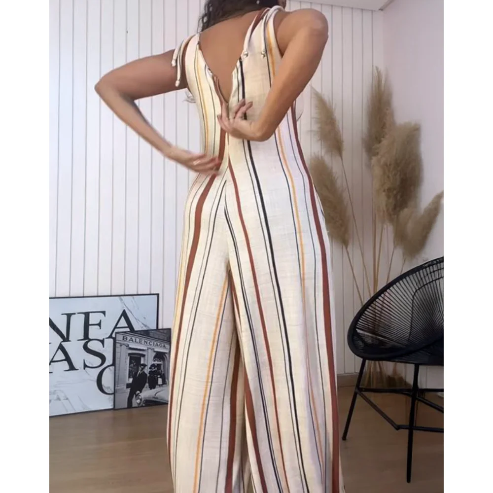 

Striped V Neck Overall Pants Shoulder Lace Up Jumpsuit Women Elegant Casual Zipper Wide Leg Jumpsuit Romper