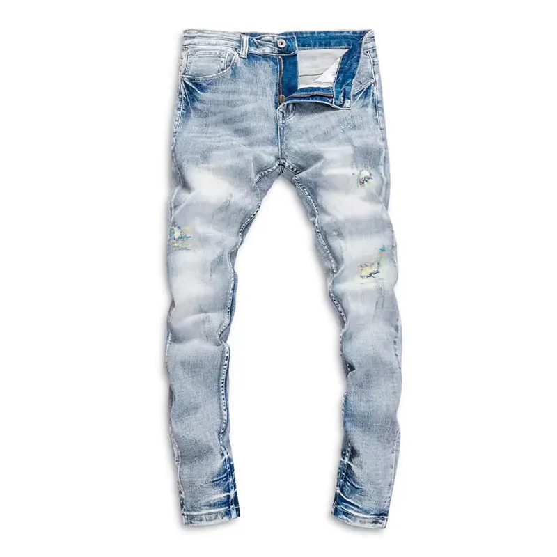 Newly Designer Fashion Men Jeans Retro Light Blue Stretch Slim Fit Ripped Jeans Men Embroidery Patched Vintage Denim Pants Homme