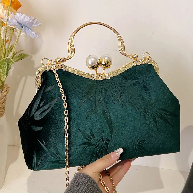 New Women Western Style Embroidered Taxture Shoulder Bags Designer Green Chain Crossbody Bags Retro Corduroy Evening Prom Clutch