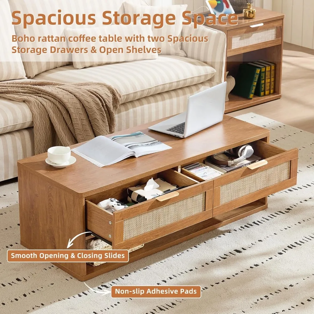 48" Farmhouse Boho Rattan Coffee Table with 2 Woven Drawers,Rectangular Coffee Tables with Hidden Storage Compartment,C