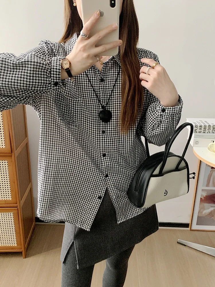 

Bla White Plaid Loose Casual Women's irt UVPU Inner Wear Jaet 2024 Winter High End Korean Sle Faionable