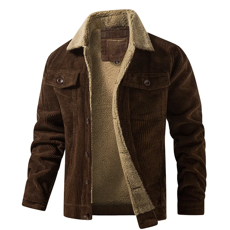 Winter Stylish Wool Casual Turn-down Collar Outerwear Corduroy Jackets Mens Long Sleeve Buttoned Lapel Wool Liner Jacket for Men