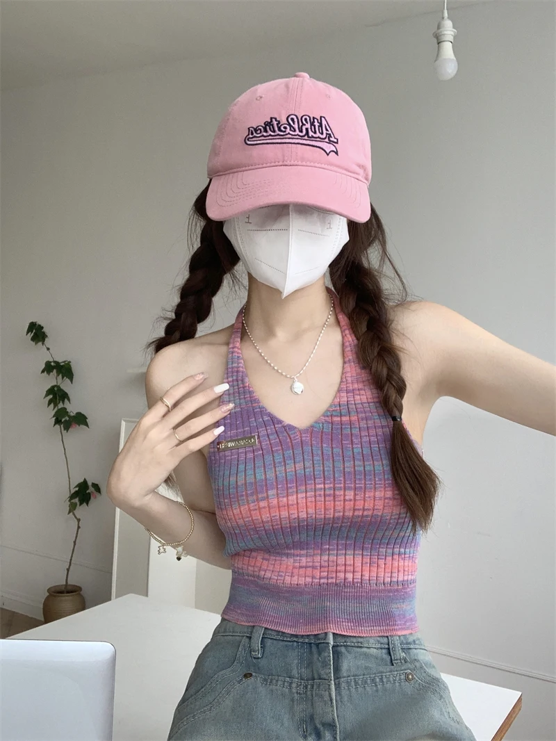 ผู้หญิงเกาหลี Camisoles Halter คอที่มีสีสันถัก Tank Top Backless เซ็กซี่ Crop Top