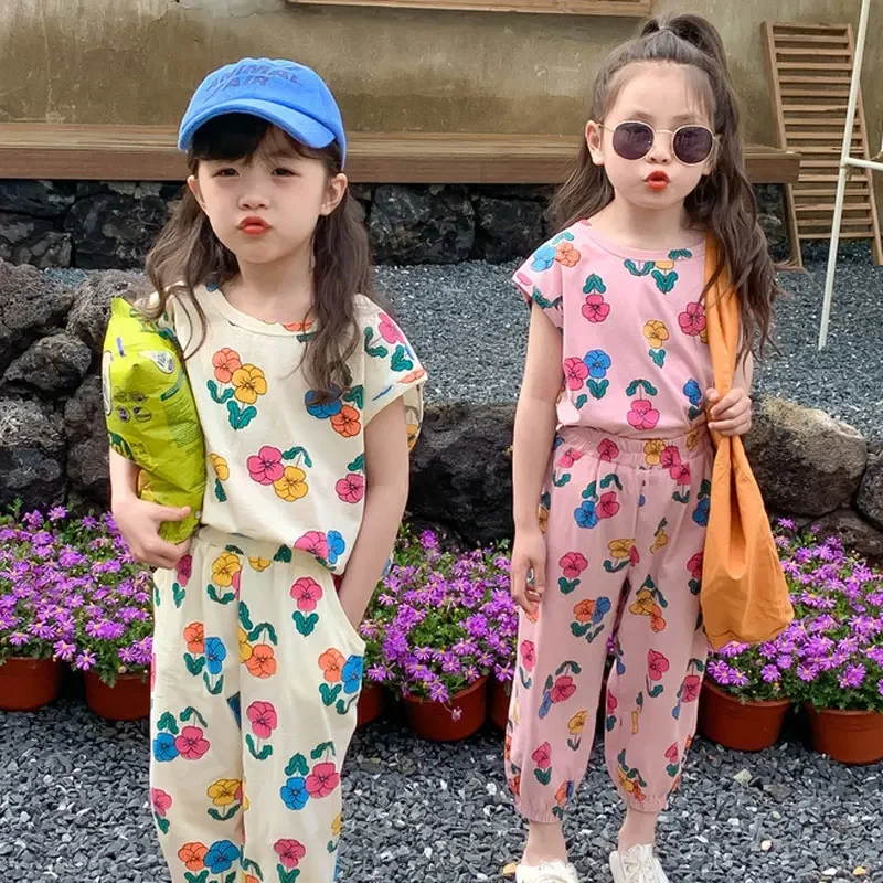 Girls Clothing Sets 2024 Summer Korean Flower Sister Vest+capris 2pcs/set Sports Suits for Kids Children Casual Tracksuits