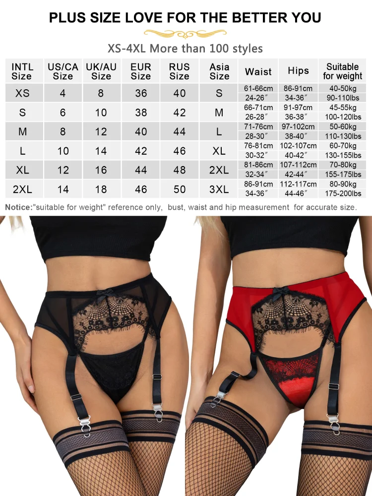 Comeondear Stretchy Women Lace Suspender Belt Mesh Garter Plus Size Sexy Lingerie Set with 4 Wide Strap Strong Clip For Stocking