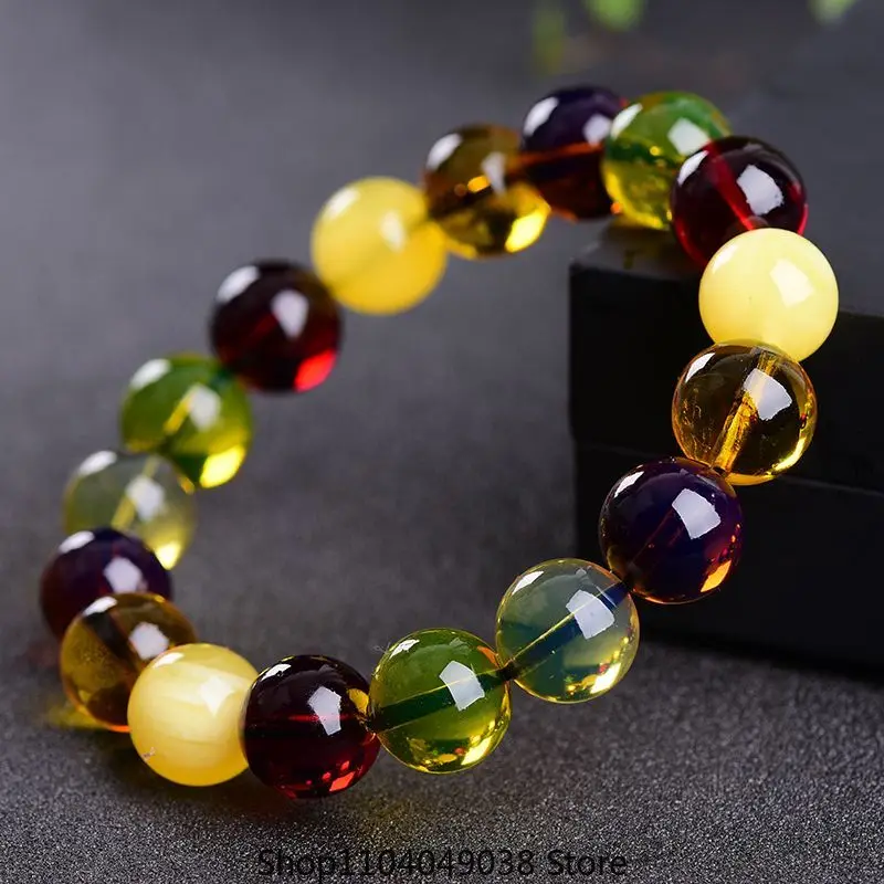 Natural Burmese Beeswax Duobao Round Beads Bracelet for Men and Women Raw Ore Amber Single Circle All-match Couple Handstring