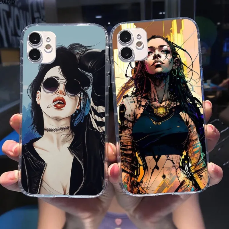 Cyberpunk Girl Anime Phone Case for iPhone 14 13 12 11 XS X 8 7 6 Plus Mini Pro Max SE 2022 Clear Phone Cover Funda