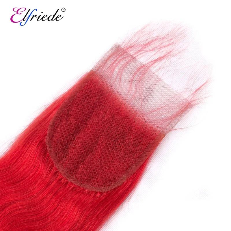 Elfriede #Red Body Wave Hair Bundles with Closure Precolored Human Hair Sew In Wefts 3 Bundles with 4X4 Transparent Lace Closure