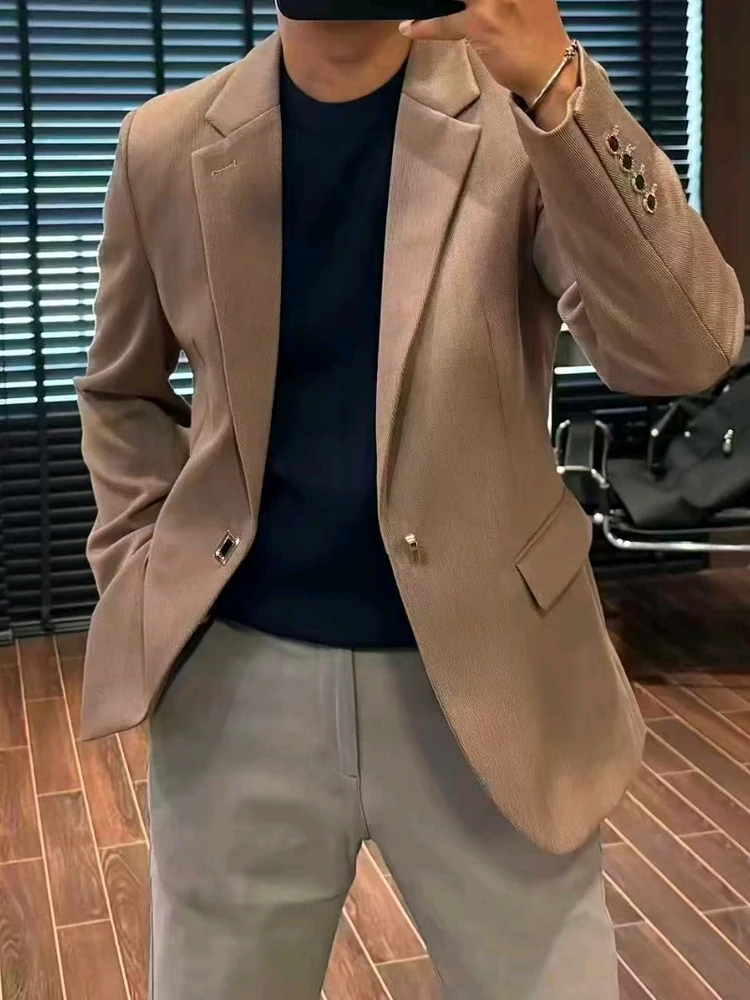 

High Quali Men's Spring Autumn New Sle Wool Blend Suit Trendy Versatile Haome Stand Fit Casual Long Sve Button D...