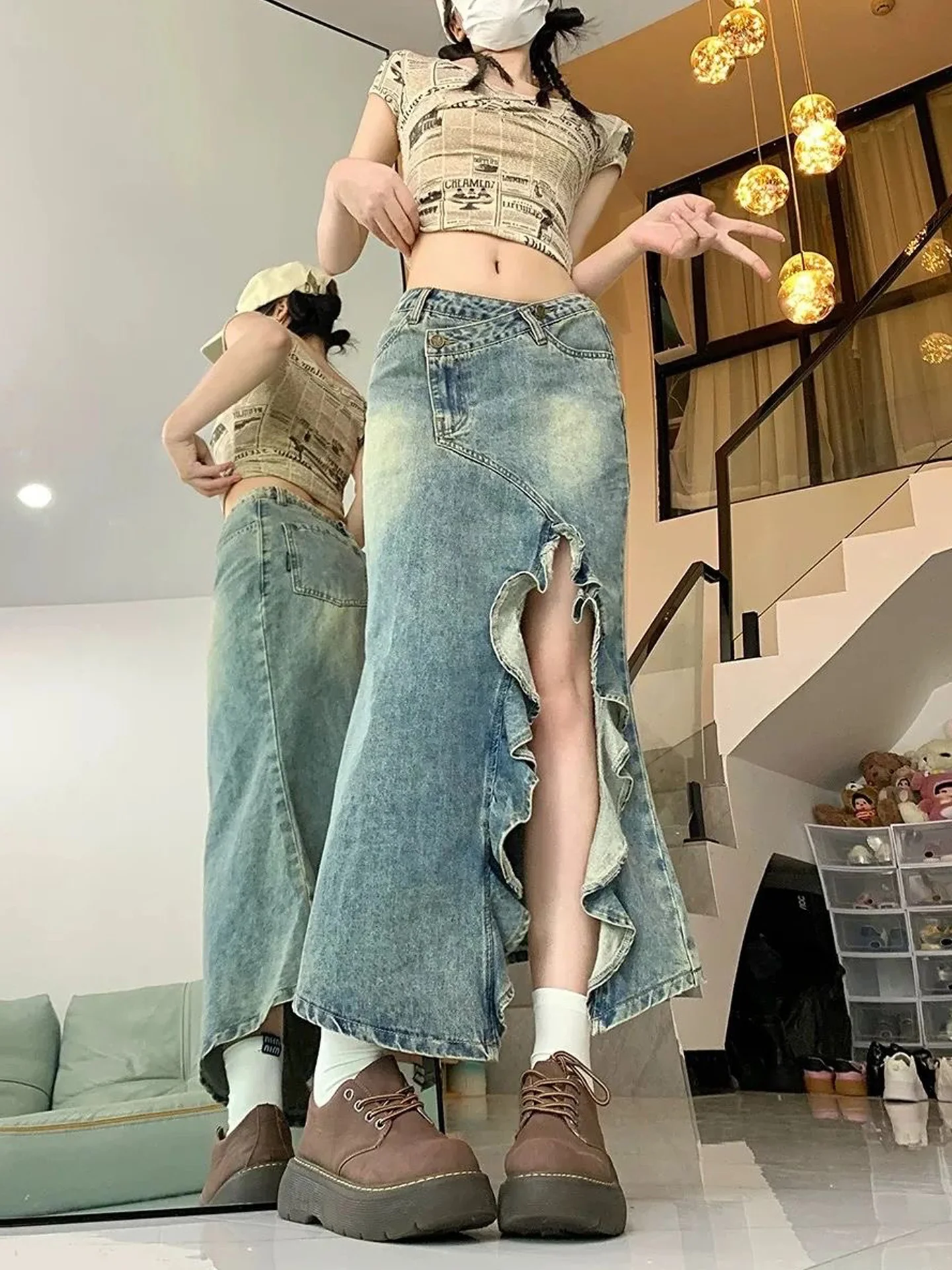 Retro American Half Skirt with Wood Grain  Denim Women's Autumn New Design Sensation Open Fish Tail Wrap Long Skirt