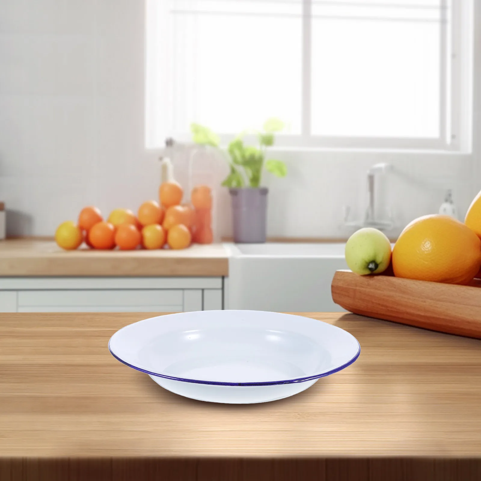 

Набор из 5 ретро-тарелок с эмалевым покрытием, круглые, для горячих блюд, с синей каймой, 10 дюймов, для закусок и фруктов, для дома, ресторана, банкетов