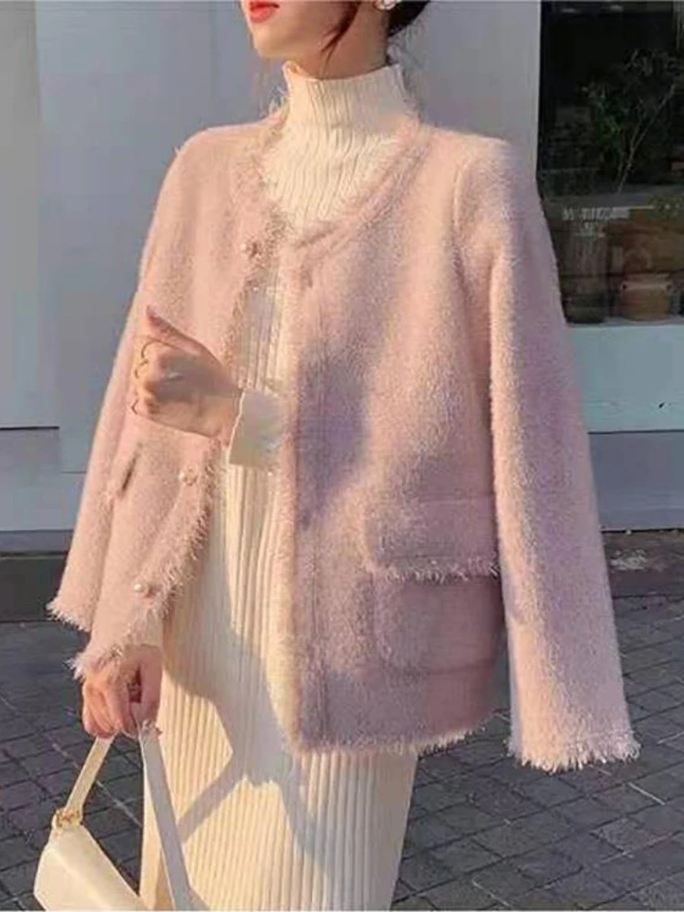 Pink Cardigan Small Fragrance Coat Women\'s Autumn and Winter New Slim Luxury Socialite Gentle Wind  Cardigan Crop Top  Cardigan