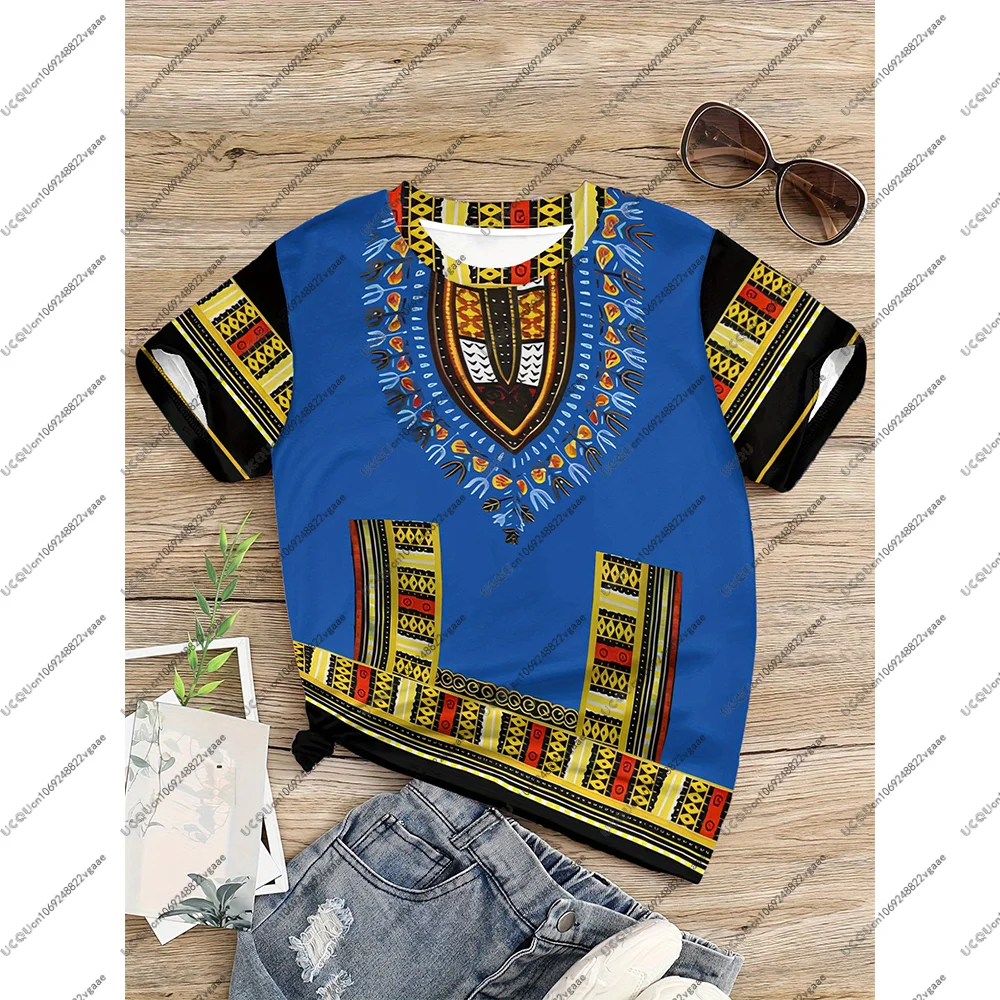Retro esotico blu stile africano estate moda ragazze abbigliamento bambini attivi carino maglietta casual sport all'aria aperta maglietta regalo africano