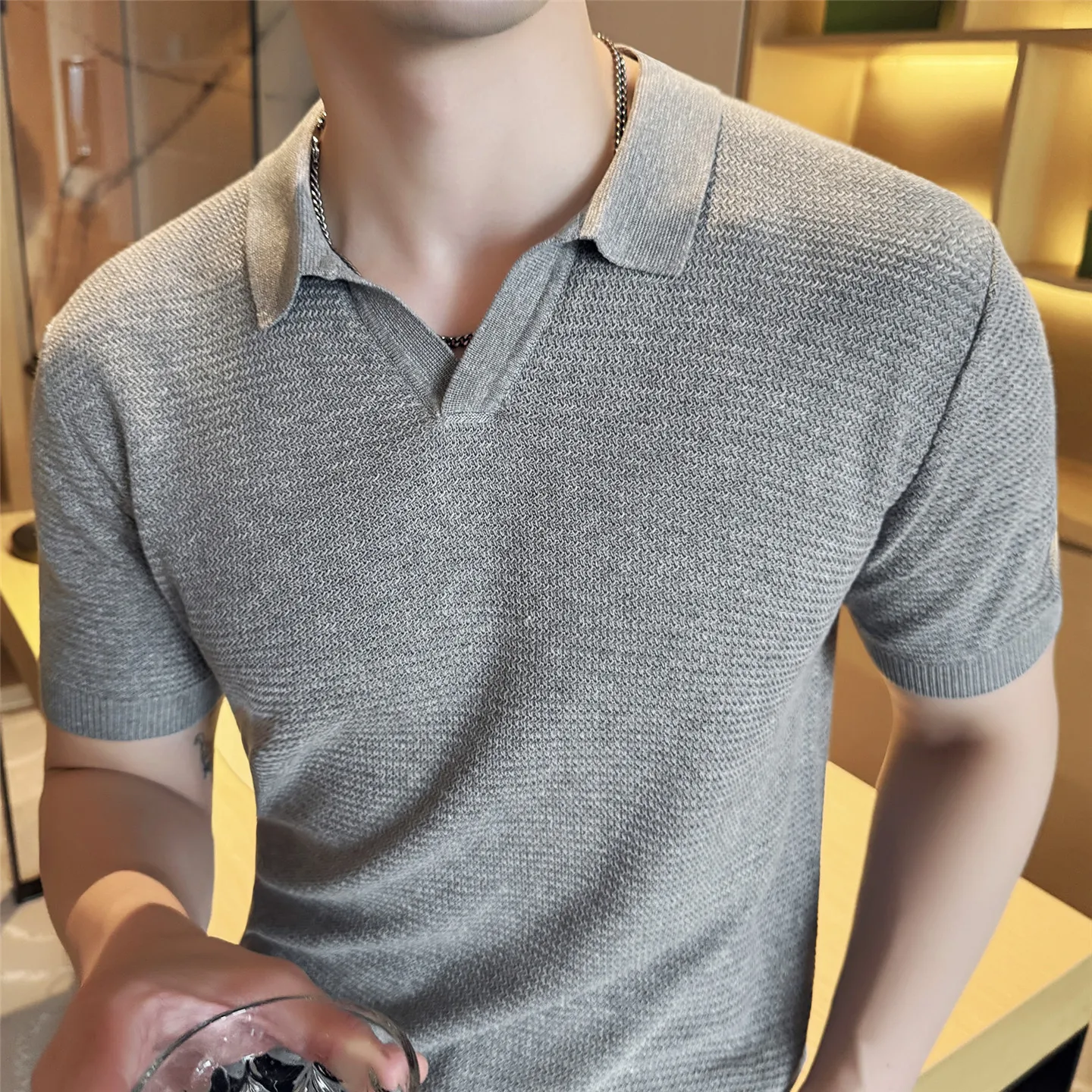 

Льняная рубашка поло из лиоцелла в британском стиле, мужская летняя повседневная вязаная рубашка поло с коротким рукавом, однотонная деловая социальная рубашка-поло 2025