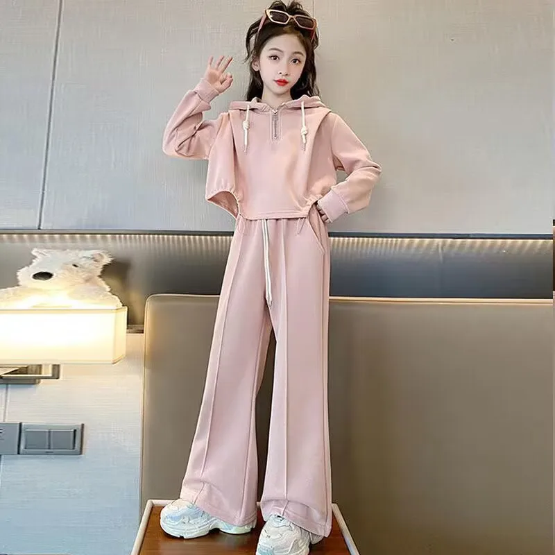 Kids Tracksuit 2024 Spring Autumn Girls Clothes Casual Hoodie + Wide Leg Pant 2Pcs Children Suit Teenager Outfits 5 6 10 12 Year