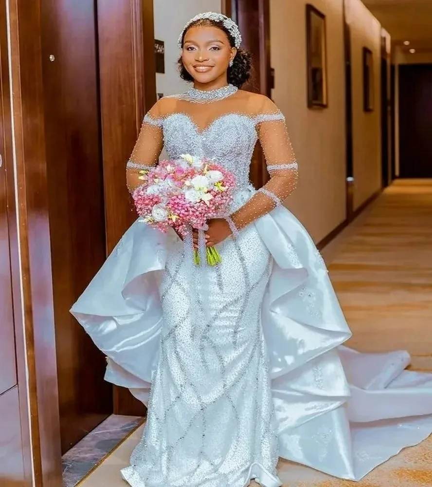 

Customized Modern Shinny Pearls Beads Wedding Dress Robe De Mariée African Long Sleeve Bridal Gown With Satin Removable Skirt