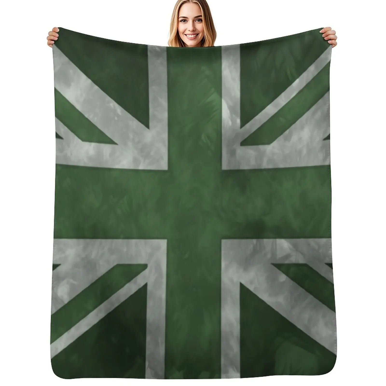Green Distressed Union Jack Throw Blanket Fluffy Cozy Throw Blanket for Home Decor