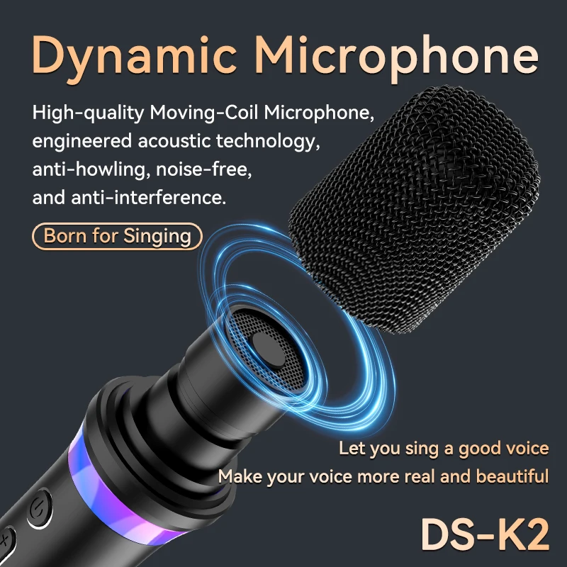 DS-K2 Karaoke towarzysz Bluetooth 5.3 bezprzewodowy mikrofon z ruchomą cewką z światło RGB systemem miksera KTV DSP do przewodowego głośnika