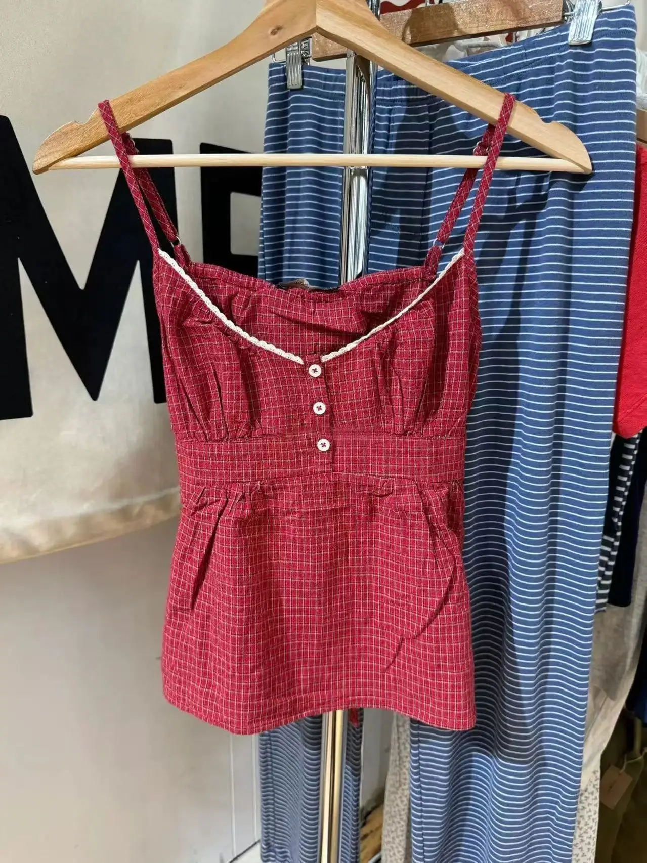 Red Plaid Lace Trim Tank Shorts Sets Women Back Lace-up Slim Camisole+Loose Sweatshorts Cute Sweet Cotton Home 2 Piece Outfits