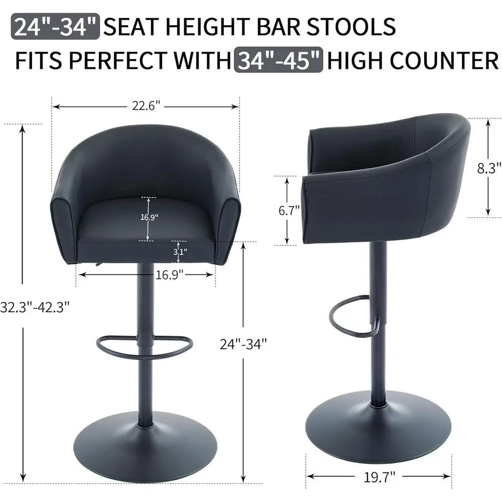 مجموعة من 4 مقاعد بار دوارة مع مسند للظهر ومساند للذراعين، وكراسي جلدية بارتفاع قابل للتعديل، 24-34 للاستخدام في المطبخ والعداد (