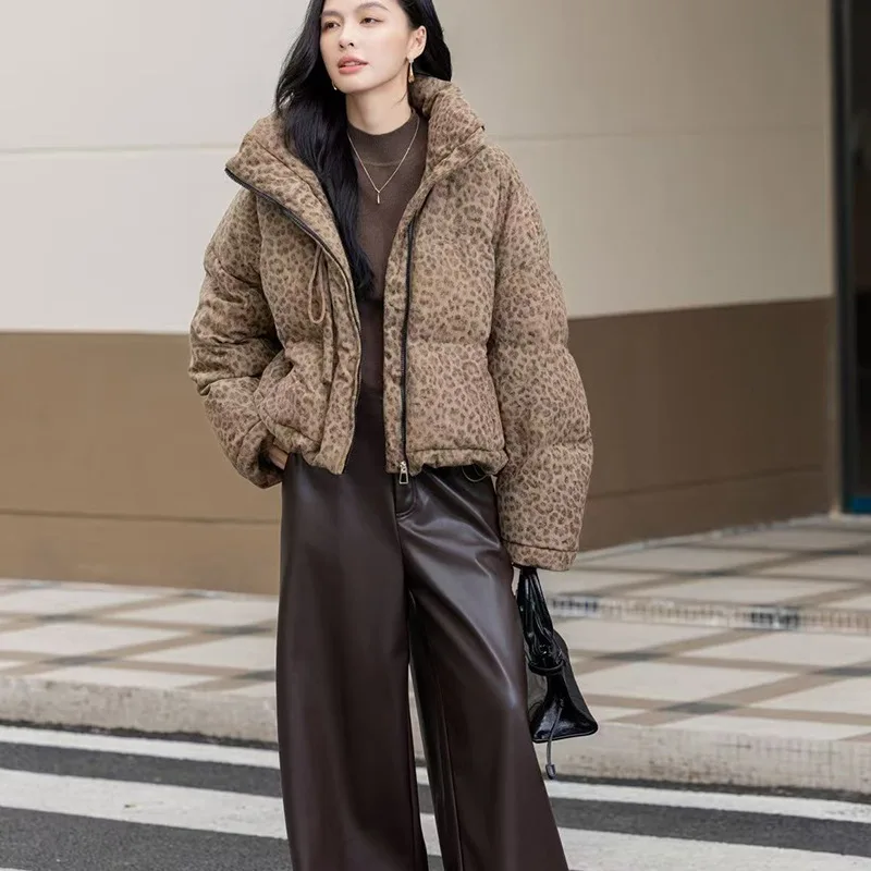 Leopard Print 90% Down Feathered Women's Jacket Winter Short Fashion Stand Collar Loose Warm Thicken Coats 2025 Lady Outwear