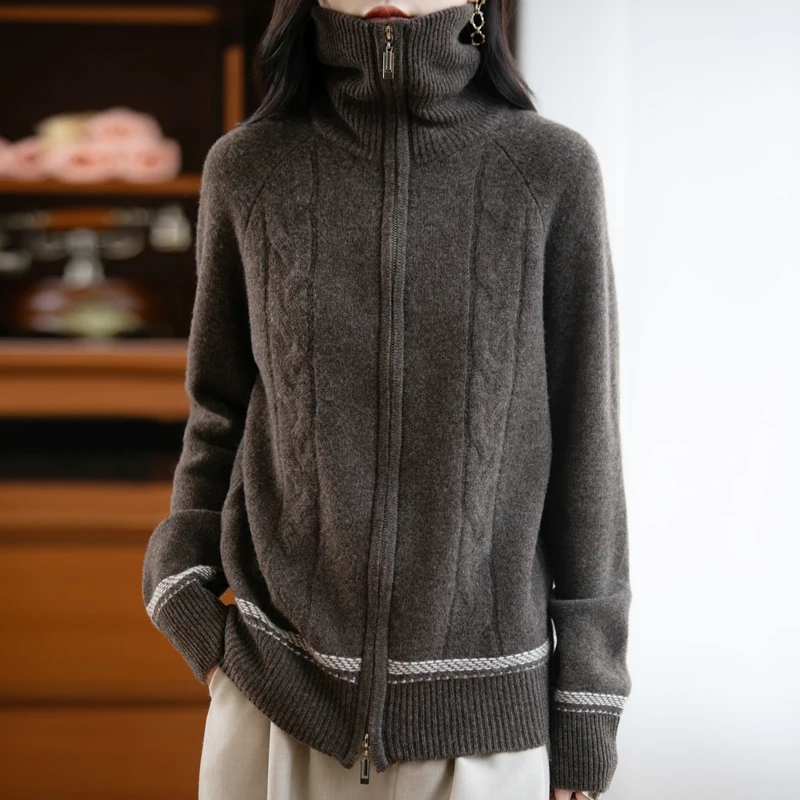 100% Pure Wool Cardigan For Women With Two-Way Zipper Large High Collar Color-Blocking Thickened Knit Sweater Jacket