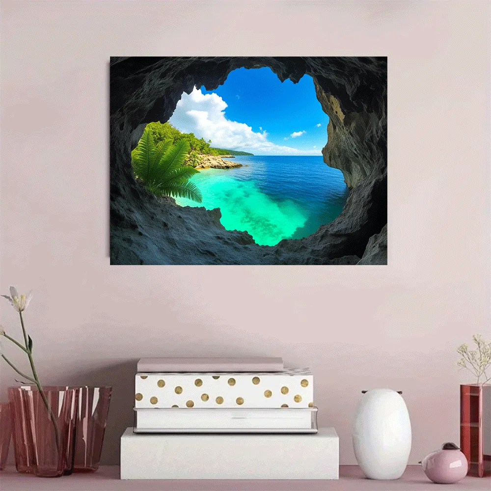 1PC-Canvas poster Unframed  Tropical Beach View Through Cave Opening Ocean Landscape Art Print  summer