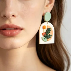 Matte Look Handmade Arch Dangle Earrings Big Size Polymer Clay Flowers Plants Illustration Nature Pattern Women's Unique Jewelry