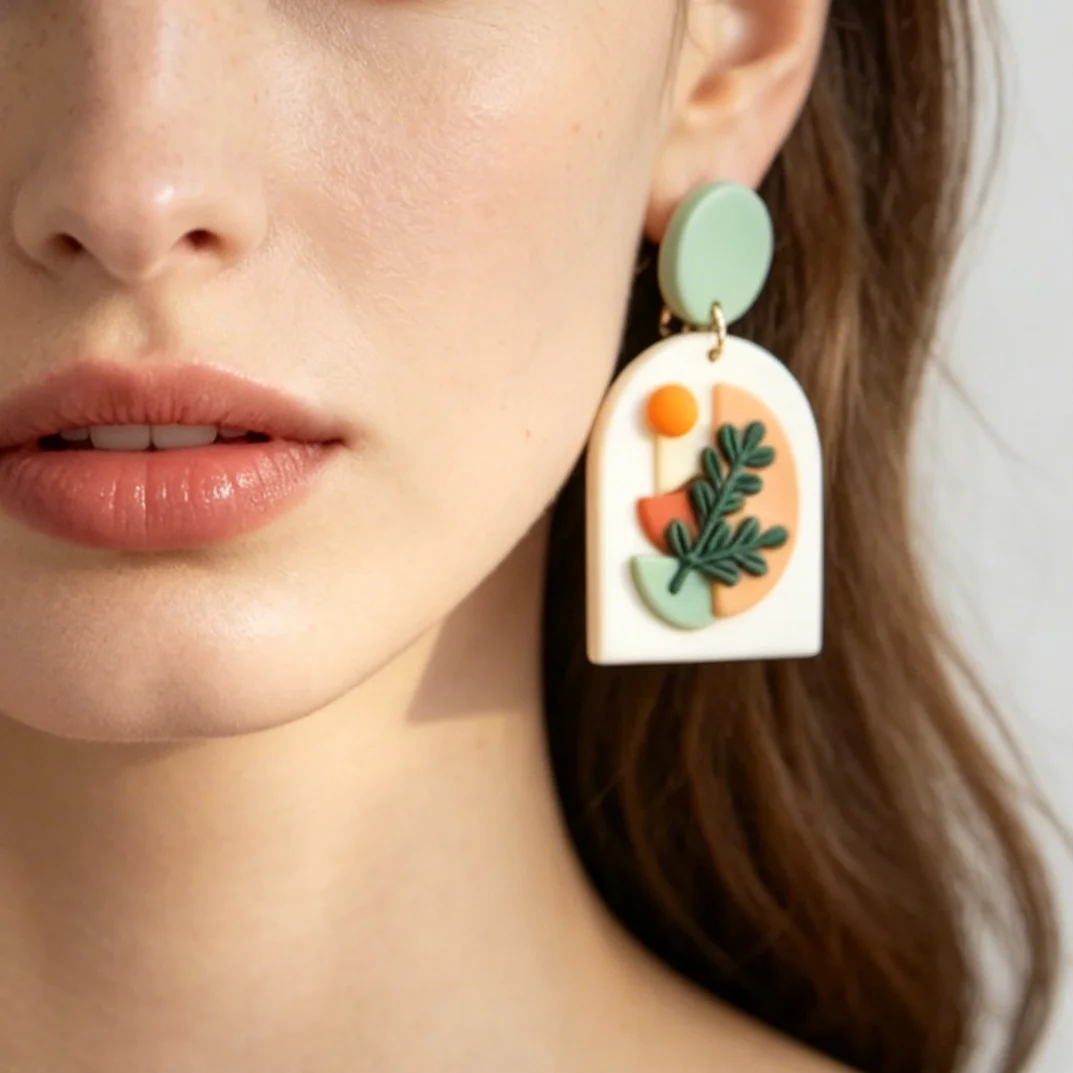 Matte Look Handmade Arch Dangle Earrings Big Size Polymer Clay Flowers Plants Illustration Nature Pattern Women's Unique Jewelry
