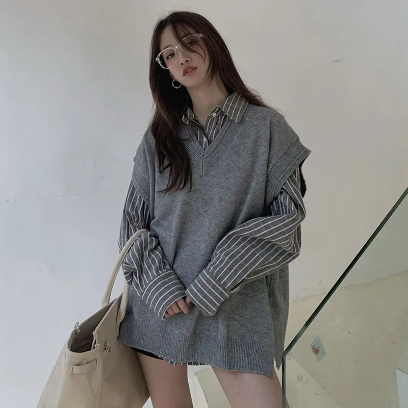 

Женские свитера, жилеты, однотонные с v-образным вырезом, стиль Bf, Ulzzang, модные свободные шикарные джемперы с боковым разрезом для подростков, вязаные джемперы для отдыха, вязаные джемперы для колледжа