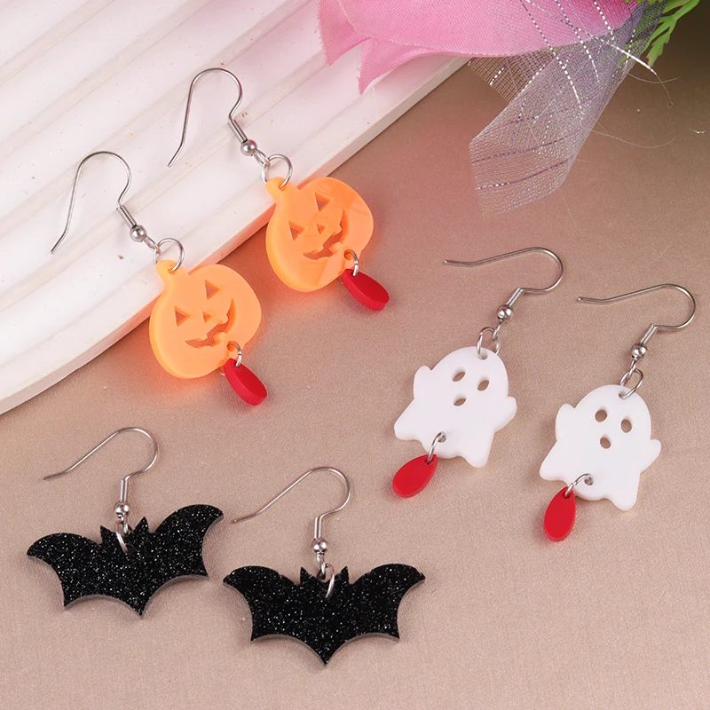 Interesting Orange Pumpkin Cute White Ghost Black Bat Dangle Earrings Sweet And Lovely Girls Jewelry Accessories For Women