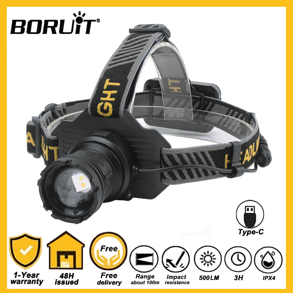 

Налобный фонарь BORUiT с двумя светодиодами, датчиком движения, портативный, перезаряжаемый, с функцией фонарика, зумом, внешним аккумулятором, белый и желтый свет для активного отдыха