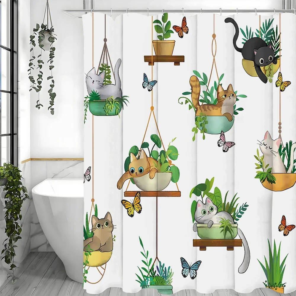

Cat Shower Curtain, Hanging Potted Kitten Plant Stand Bathroom Decorative Shower Curtain, Waterproof Shower Curtain with Hooks