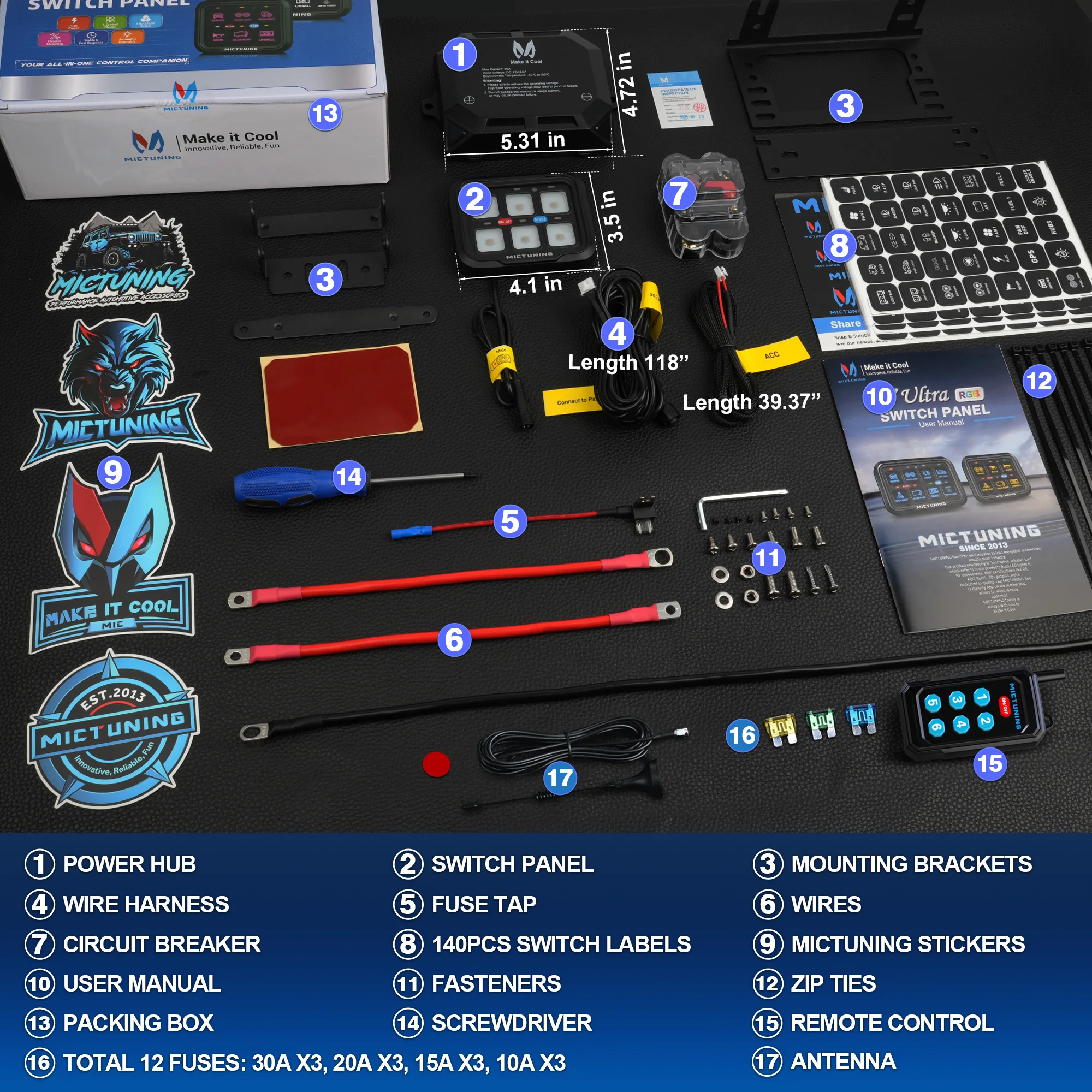 MICTUNING P8Y Ultra Switch Panel 6/8 Gang Wireless App & 230FT Remote Control,Auto Dimmable RGB Colors Circuit Box for Truck RV