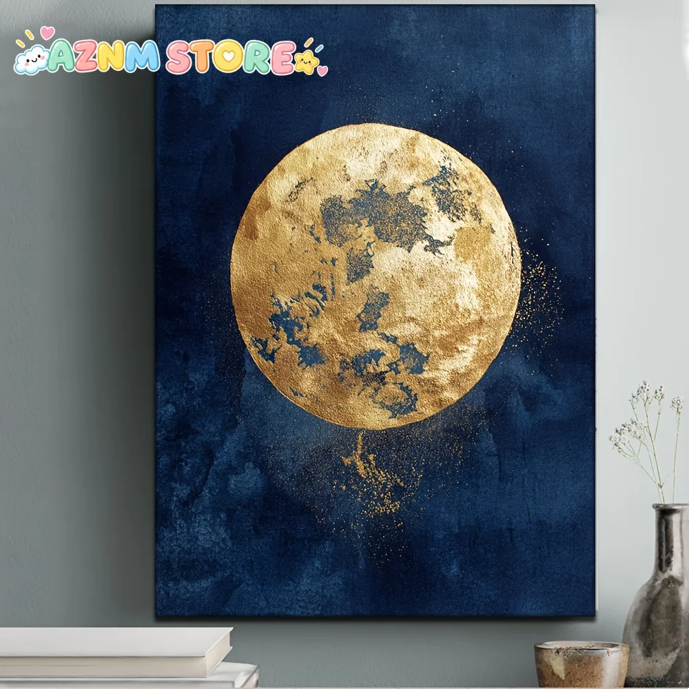 2D Flat 2D Flat 1pc, With Frame, 30.48X40.64cm [2D Flat] Golden Moon On Indigo, Moon Painting, Minimalist Art, Circle Indigo,
