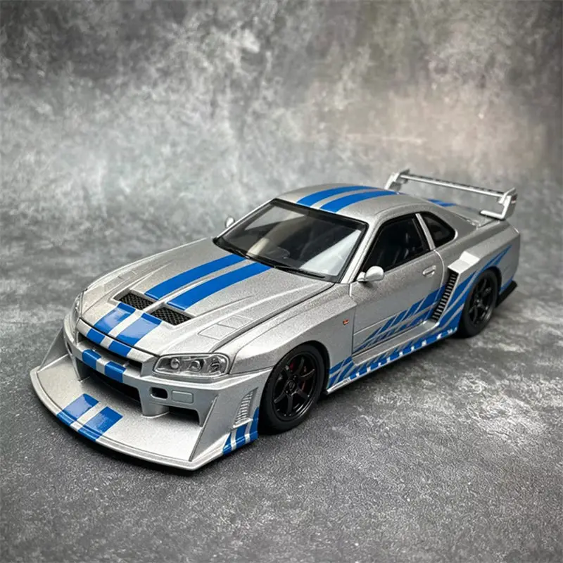 1:24 Silvia Skyline Ares GT-R R34 Legierung Modifiziertes Breitbau-Sportwagenmodell Druckguss Metall-Rennwagenmodell mit Sound und Licht Kindergeschenk