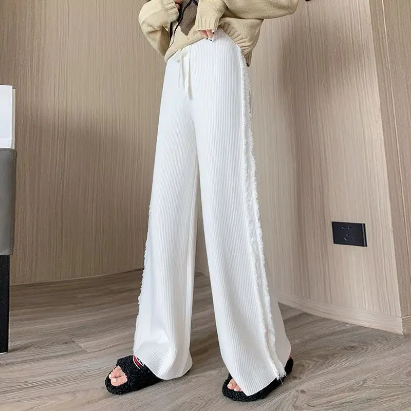 ขอบถักขากว้างฤดูใบไม้ร่วงฤดูหนาว Petite Draping Brushed กางเกงขาตรง