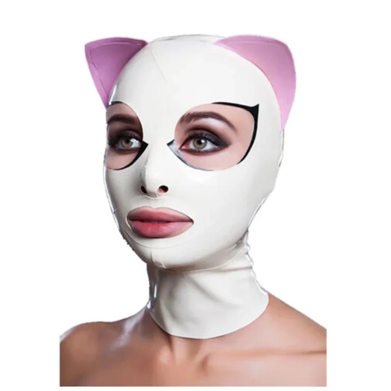 Latex Mask Cat Ear Shackles Rubber Hoods Sexy Fetish Back Zip Cosplay Party Clubwear for Women